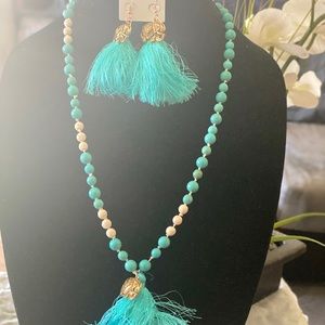 Turquoise stone tassel necklace and earring set.